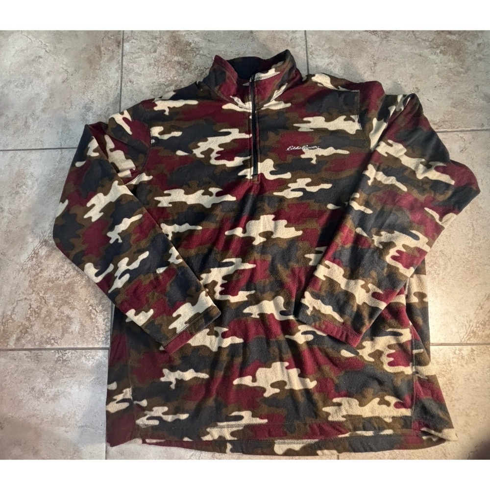 Eddie Bauer Camo Fleece Pullover Mens T2XL Quarter Zip Hunting Outdoor Burgundy